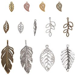 Mixed Color Tibetan Style Alloy Pendants, Leaf, Mixed Color, 14.5~71x7.5~36x1~4mm, Hole: 1~2mm