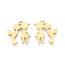 Настоящее золото 18K 201 подвески из нержавеющей стали, очарование влюбленных, лазерная резка, реальный 18 k позолоченный, 17x15x1 мм, отверстие : 1.4 мм