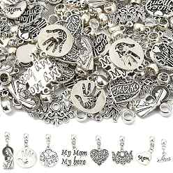 Antique Silver & Platinum 80Pcs 8 Style Alloy European Dangle Charms, Mixed Shapes, Mother's Day, Antique Silver & Platinum, 21~36mm