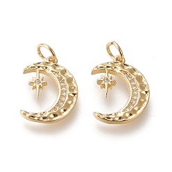 Настоящее золото 18K Латунные микро проложить кубического циркония подвески, долговечный, Луна и звезды, прозрачные, реальный 18 k позолоченный, 16x12x1.8 мм, отверстие : 3.5 мм