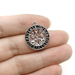 Близнецы Подвески из сплава со стразами на тему созвездий, плоские круглые прелести, с эмалью, серебряные, Близнецы, 24x21 мм