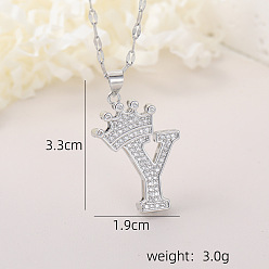 Letter Y Хип-хоп латунные микропаве кубические цирконии корона инициал подвеска ожерелья, 304 ожерелья из нержавеющей стали с цепочкой для женщин, платина, Письмо Y, 15.75 дюйм (40 см)