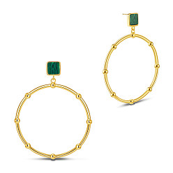 Malachite Boucles d'oreilles en laiton de goujon, avec malachite synthétique, Carré et anneau, Véritable plaqué or, 64~65mm