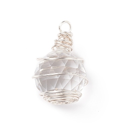 Clear Wire Wrapped Transparent Glass Pendants, Faceted, Round, Silver, Clear, 35x22.5mm, Hole: 4.2mm