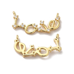 Real 18K Gold Plated Rack Plating Brass Micro Pave Clear Cubic Zirconia 2-Loop Pendants, Long-Lasting Plated, Lead Free & Cadmium Free, Word Love Charm, Real 18K Gold Plated, 11x26x2.5mm, Hole: 1mm