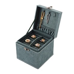 Dark Slate Gray Velvet Jewelry Boxes, Portable Jewelry Storage Case, with Alloy Handle, for Ring Earrings Necklace, Square, Dark Slate Gray, 12.4x12.4x12.9cm