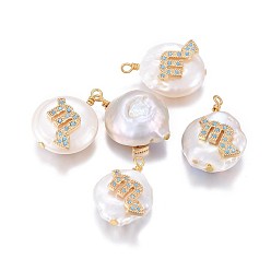 Scorpio Natural Cultured Freshwater Pearl Pendants, with Brass Micro Pave Cubic Zirconia Findings, Nuggets with Constellation, Golden, Deep Sky Blue, Scorpio, 17~22x11~16x5~11mm, Hole: 1.6mm
