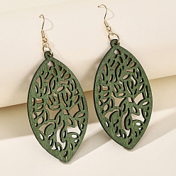 Leaf Iron Wood Dangle Earrings for Women, Dark Olive Green, Golden, Leaf, 85x33mm