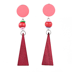 Deep Pink Pear Wood Dangle Earrings, with Polymer Clay Heishi Beads(Random Color) and 304 Stainless Steel Stud Earring Findings, Triangle, Deep Pink, 74mm, Pin: 0.6mm