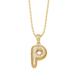 Letter P Brass Micro Pave Cubic Zirconia Pendant Necklaces, Golden, Letter P, 16.54 inch(42cm), Pendant: 24~30x13~22mm