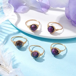Золотой Круглые натуральные радужные кольца с тигровым глазом, кольца из медной проволоки, золотые, внутренний диаметр: 18.5~19.5 мм