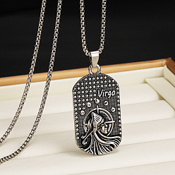 Дева 201 Овальные подвески из нержавеющей стали с выгравированными созвездиями для мужчин, античное серебро, Дева, 23.62~27.56 дюйм (60~70 см)