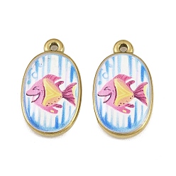 Fish Colgantes de acero inoxidable esmaltados impresos 304, encantos ovales, revestimiento de iones (ip), real 18 k chapado en oro, encantos de pescado, 23x13.5x3.5 mm, agujero: 1.6 mm