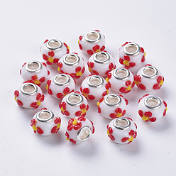Red Handmade Bumpy Lampwork European Beads, Large Hole Beads, with Silver Color Plated Brass Double Cores, Rondelle with Flower, Red, 14~15x14~15x11mm, Hole: 5mm