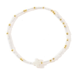 Белый Браслеты из стеклянных бусин в стиле бохо, крестик из натуральных ракушек для женщин, белые, внутренний диаметр: 6-1/2 дюйм (16.5 см)