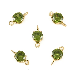 Светло-зеленый Коричневый Латунные подвески-коннекторы с плоскими круглыми фианитами, инкрустированные кубическим цирконием., без кадмия, без никеля и без свинца, реальный 18 k позолоченный, оливковый, 10.5x5x3.5 мм, отверстие : 1.2 мм