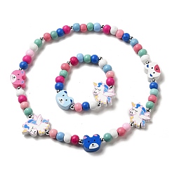 Медведь Комплект украшений из клена и акрила, колье и эластичный браслет из бисера для детей, медведь, браслет: внутренний диаметр: 1-5/8 дюйм (4 см), колье: 15-5/8 дюйм (39.8 см)