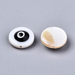 Black Natural Freshwater Shell Beads, with Enamel, Flat Round with Evil Eye, Black, 9x4.5mm, Hole: 0.8mm