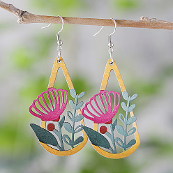 Красный Серьги с подвесками из дерева в богемном стиле, нержавеющей стали, украшения для женщин, платина, красные, 64x20 мм