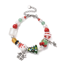 Colorful Snowman & Candy Cane Alloy Charm Bracelet, Christmas Tree & Snowman Lampwork & Natural Gemstone & Shell Beaded Bracelet for Women, Colorful, 7-1/2 inch(18.9cm)
