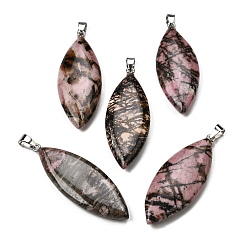 Родонит Естественно родонит большие кулоны, Подвески в виде конского глаза с 304 защелкивающимися креплениями из нержавеющей стали, цвет нержавеющей стали, 55~55.5x20~20.5x7.5~8 мм, отверстие : 6.5x4 мм