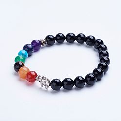 (946F)Морозный цвет внутри  Жонкиль / Непрозрачная зеленая подкладка Натуральный черный агат бисером браслеты простирания, с бисером сплава Spacer, слон, античное серебро, 1-7/8 дюйм (47 мм)