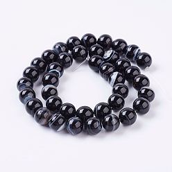 Natural Agate Natural Black Agate Beads Strands, Dyed, Stripe Round, 10mm, Hole: 1mm, about 37pcs/strand, 14.9 inch