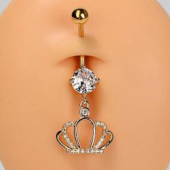 Crown 304 Кольца для живота в форме изогнутой штанги из нержавеющей стали с прозрачным кубическим цирконием, золотые, корона, 39 мм