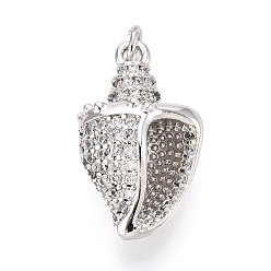 Платина Латунные микропаве прозрачные подвески с фианитом, без кадмия и без свинца, раковина, с целью перехода в кольце, платина, 21x13x8 мм, отверстие : 3.5 мм