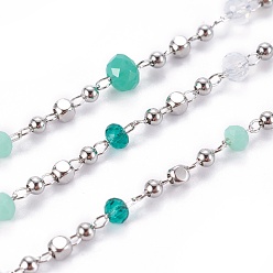 Средний Бирюзовый Ручной цепи стекло бисером, пайки, с медными цепями и бусами, долговечный, с катушкой, граненые, шайба, Реальная платина, средне бирюзовый, 1.5x1.5x1.5 мм, около 32.8 футов (10 м) / рулон