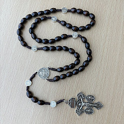 Cross Ожерелья из деревянных четок, ожерелья из религиозного сплава с подвесками, античное серебро, чёрные, кресте Иисус, 27.56 дюйм (70 см)