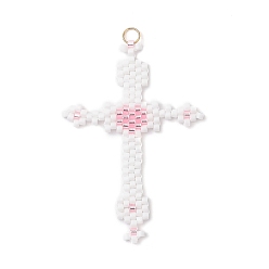 Pink Подвески-кресты из стеклянного бисера, с 304 кольцами из нержавеющей стали, реальный 18 k позолоченный, розовые, 43.5x30.5x1.5 мм, отверстие : 3.5 мм