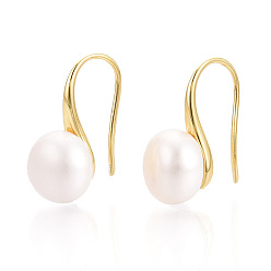 Настоящее золото 18K Серьги-подвески из натурального жемчуга из латуни, круглые, реальный 18 k позолоченный, 17.5~19x8.5~9 мм