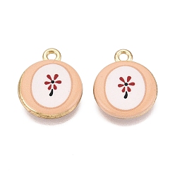 Light Salmon Printed Alloy Pendants, Rack Plating, Flat Round & Flower Charms, Cadmium Free & Nickel Free & Lead Free, Golden, Light Salmon, 18x15x3.5mm, Hole: 1.8mm