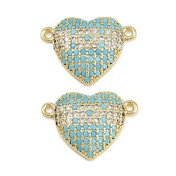Небесно-голубой Подвески-сердечки с микропаве из латуни и кубическим цирконием, долговечный, без кадмия и без свинца, стойки покрытие, золотые, голубой, 14.5x20x4 мм, отверстие : 1.4 мм