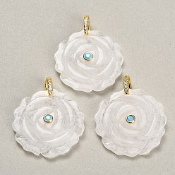 Quartz Crystal Natural Quartz Crystal Pendants, Flower Charms, with Brass Pave Cubic Zirconia Findings, Golden, 34.5~35x34~35x9mm, Hole: 6.5x9mm