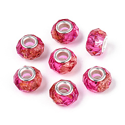 Светло-Вишневый Прозрачные европейские бусины-рондель из смолы, с золотой фольгой и латунными двойными сердечниками серебристого тона, бусины с большим отверстием, светло-вишневый, 13.5~14x8.5~9 мм, отверстие : 4.8~5 мм