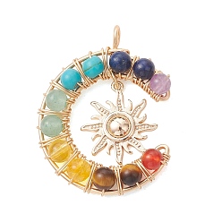 Золотой 7 Круглые подвески в виде луны из смешанных камней, обмотанных медной проволокой, с изображением чакр, латунные солнечные подвески, смешанные окрашенные и неокрашенные, золотые, 35x28x6 мм, отверстие : 2 мм