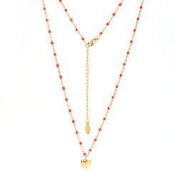 Fuchsia Stainless Steel Heart Pendant Necklaces, Enamel Style, Fuchsia, 18.90 inch(48cm)