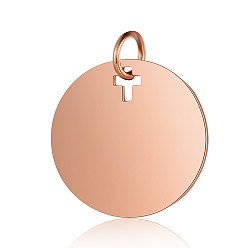 Розовое Золото Ионное покрытие (ip) 304 подвески из нержавеющей стали, с целью перехода в кольце, зеркальная полировка, плоский круглый шарм, штамповка пустой метки, розовое золото , 16x1 мм, отверстие : 3.5 мм