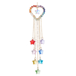 Colorful Wire Wrapped Natural Gemstone Heart Pendant Decorations, Glass Star Charms and Brass Cable Chain Hanging Ornaments, Colorful, 218mm