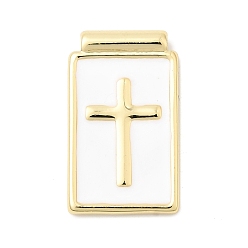 Белый Латунь эмаль подвески, прямоугольник с поперечными прелести, стойки покрытие, долговечный, без свинца и без кадмия, реальный 18 k позолоченный, белые, 23.5x14.5x3.5 мм, отверстие : 1.5 мм