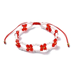 Красный Женские регулируемые плетеные браслеты из плетенных стеклянных цветов с бусинами, красные, внутренний диаметр: 1-7/8~3-1/4 дюйм (4.65~8.2 см)