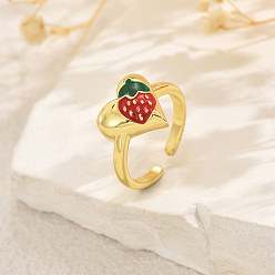 Клубника Фруктовые темы латунные манжеты открытые кольца для женщин, с эмалью, золотые, клубника, 13 мм, внутренний диаметр: 16мм~18мм
