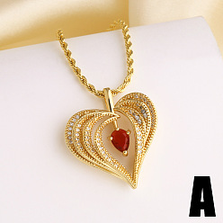 Red Valentine's Day Brass Pave Cubic Zirconia Pendant Necklaces, Heart, Golden, Red, 15.75 inch(40cm), pendant: 34x31mm