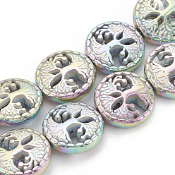 Rainbow Plated Electroplate Non-magnetic Synthetic Hematite Beads Strands, Flat Round with Tree of Life, Multi-color Plated, 12~12.5x4~4.5mm, Hole: 1mm, about 32pcs/strand, 16.14 inch