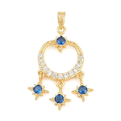 Star Brass Pave Cubic Zirconia Pendants, Golden, Blue, Star Charms, 29x20x4mm, Hole: 5x2mm