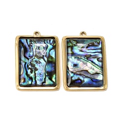Rectangle 304 Stainless Steel & Natural Paua Shell Pendants, Real 18K Gold Plated, Ion Plating(IP), Long-Lasting Plated, Rectangle Charm, 36x25.5x4.5mm, Hole: 1.8mm