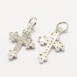 Платинированный Латунные микро проложить класса AAA кубического циркония подвески, долговечный, крестик, без кадмия, без никеля и без свинца, Реальная платина, 18x11x1.5 мм, отверстие : 3 мм
