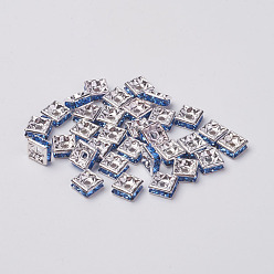 Light Sapphire Brass Rhinestone Spacer Beads, Grade A, Nickel Free, Silver Metal Color, Square, Light Sapphire, 6x6x3mm, Hole: 1mm